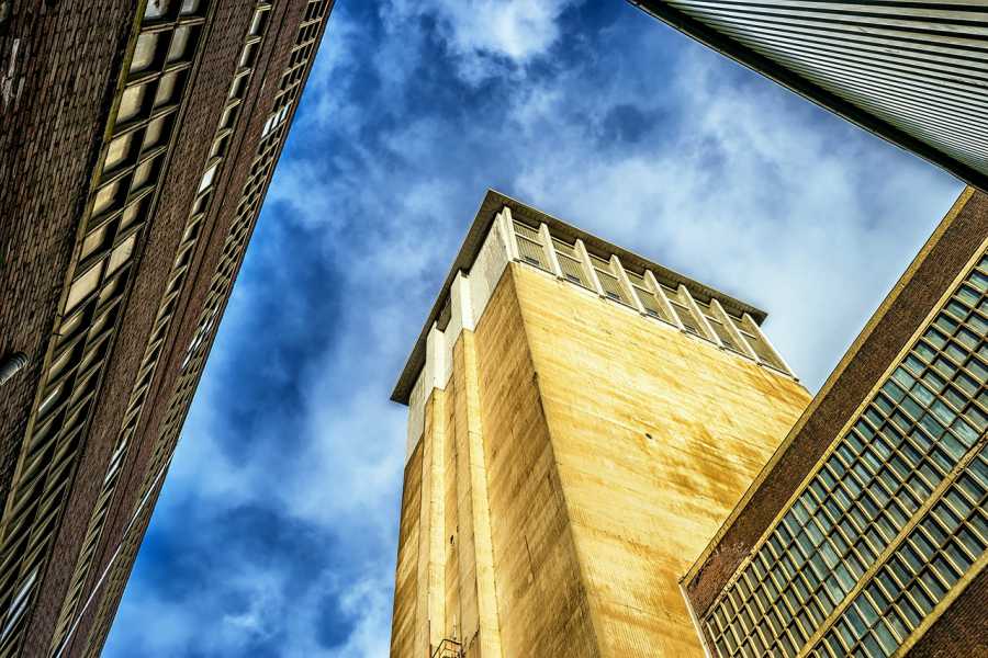 Large buildings seen from below