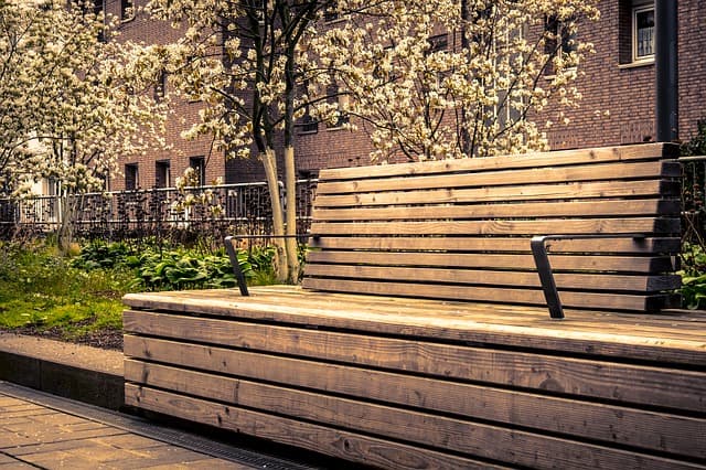 Bench on tree lined walkway outside commercial building, built by Austin TX commercial Construction company