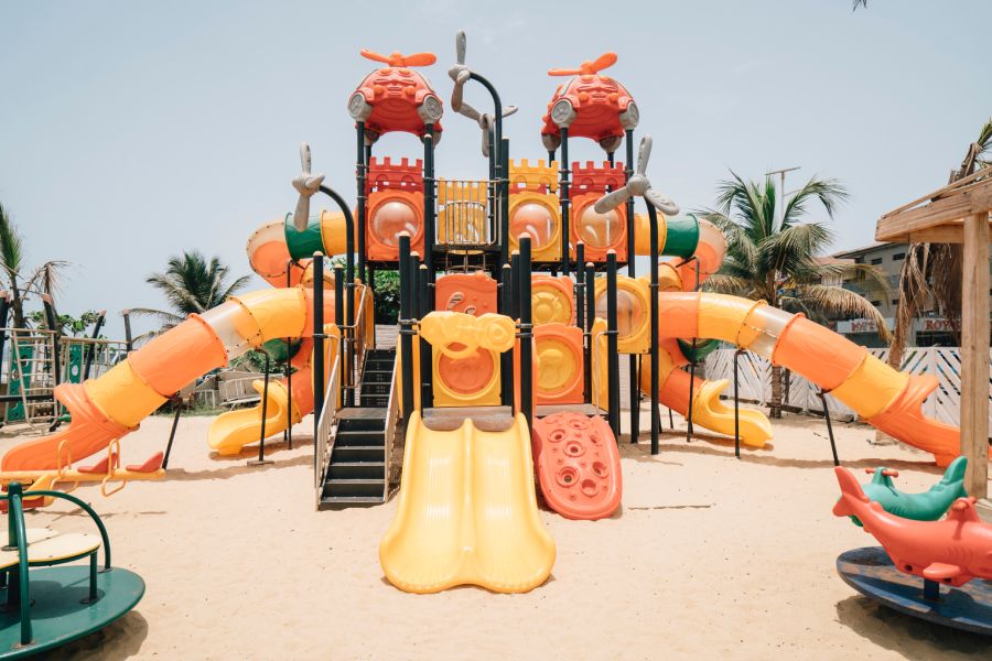 An image of a colorful playground after its installation in Austin.