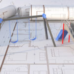 A 3D architectural render featuring a miniature swing set and playground slide resting on top of detailed floor plans and rolled blueprints.